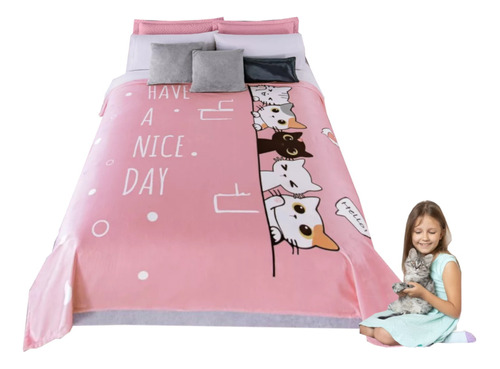 Suave Cobertor Infantil Para Niña Gatitos Cobija Rosa Ind