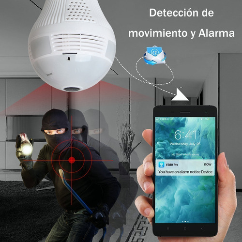 Imagen 6 de 10 de Camara Wifi 360º Bombilla Visión Nocturna 1080p