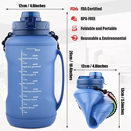 Botellas de agua plegables, botellas de agua de medio galón con marcador de  tiempo, sin BPA, a prueba de fugas, botella de agua plegable de silicona