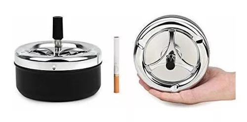 Round Push Down Ashtray with Spinning Tray Metal Cigarette Ash Tray Large  5.2 Inches Home Ashtray for Outside Patio - Black