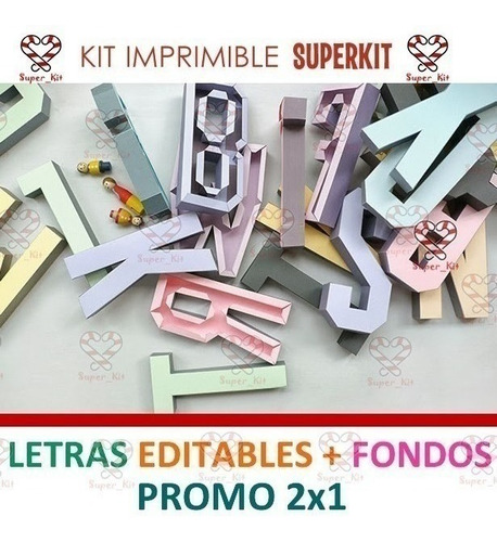 Kit Imprimible Letras 3d Editables + Pack Fondos Hd Sp