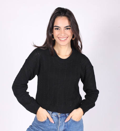 F236 -sweater Basico Escote Redondo Trenzas Y Canelones