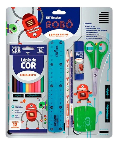 Kit Escolar Robô 8 Peças - Apontador Borracha Lapis