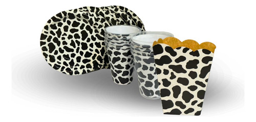 Kit Platos, Vasos Y Palomeros Para 10 Invitados Personajes Manchas Vaca
