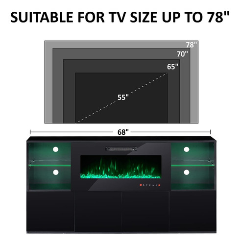 Mueble Negro De Tv 68p Con Chimenea Con Luz Led Ajustable
