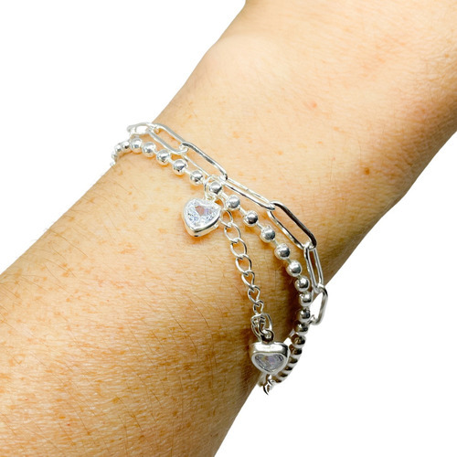 Pulsera De Acero Blanco Con Dos Corazones Colgantes 