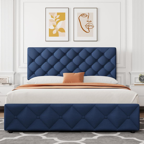 Base De Cama Matrimonial Idealhouse Tapizada En Lino Azul