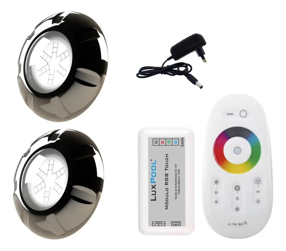 Kit Led Piscina Com Controle + 2 Leds Rgb 9w Inox + Fonte
