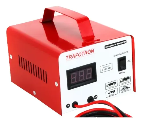 Carregador de Bateria Bivolt com Voltímetro Para Carro e Moto Vermelho