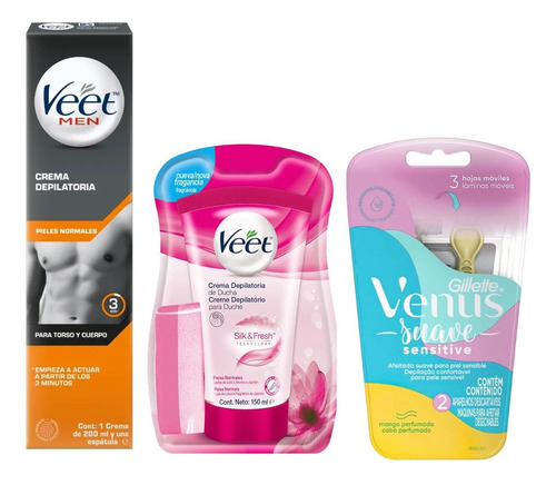 Pack Depilacion: Crema Veet Men + Crema Ducha + 2 Gillete