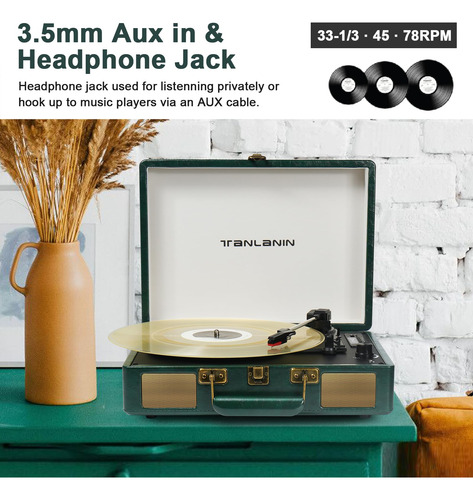 Tocadiscos Tanlanin Vintage Con Bluetooth Usb De 3 Velocidad