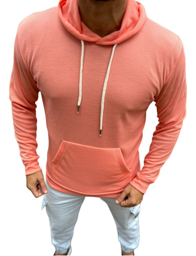 Buzo Tipo Sweater Canguro Waffle Liso Capucha Coral