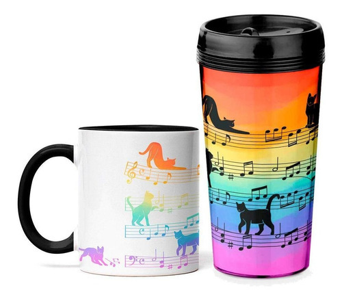 Kit Copo Viagem E Caneca Gato Musical Arco Iris Cat Lover