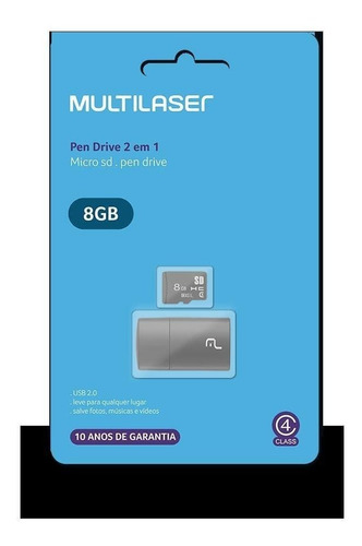 Cartão De Memória Micro Sd Multilaser Mc161 2x1, 8gb, Classe
