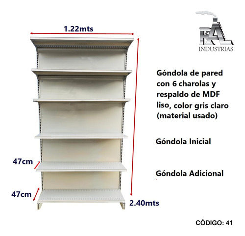 Góndola De Pared Con 6 Charolas De 1.22m X 2.40m De Alto