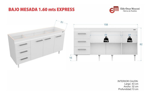 Bajo Mesada 1,60 Mts Mueble De Cocina Sin Bacha Color Blanco
