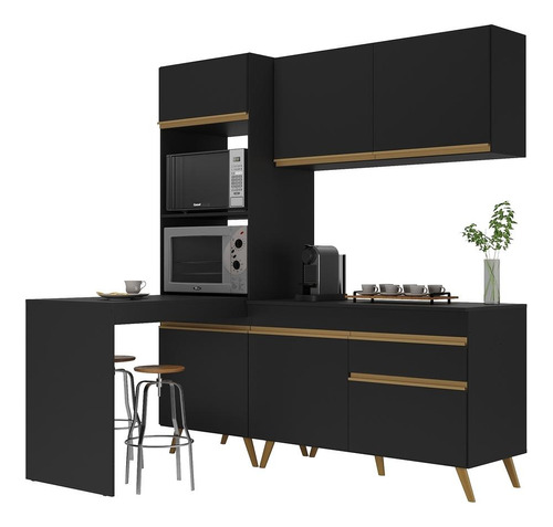 Armário De Cozinha Compacta 182cm Veneza Multimóveis V3701 Cor Preto/Dourado