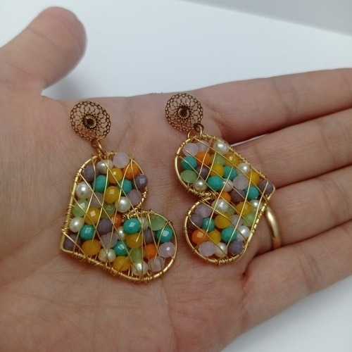 Aros Baño Oro 18 K Corazones Piedras Colores En Alambrismo