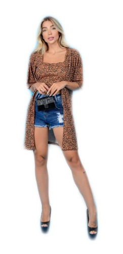 Conjunto Feminino Kimono E Cropped Estampado Animal Print