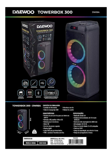 Caixa De Som Towerbox 300 50w Led Bluetooth Usb Rádio Dw06a