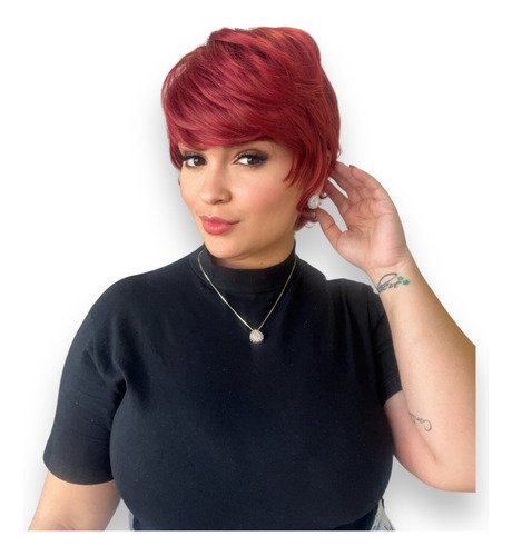 Peruca Curta Fibra Corte Pixie Modelo Carina Tamanho Da Base Regulável Tonalidade Bug