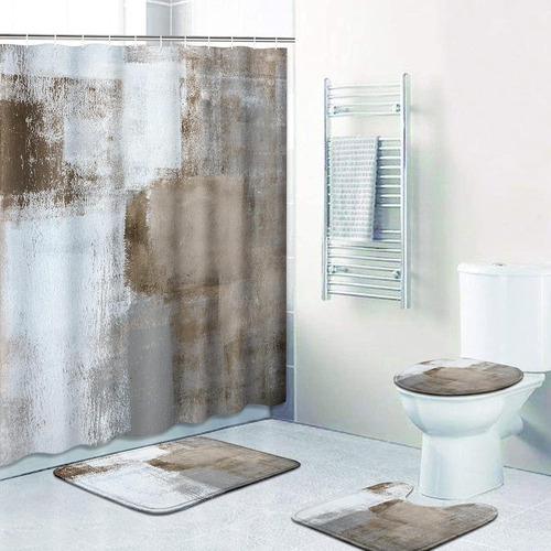 Juego De Baño Gris Y Marrón Con Cortina De Ducha Y Accesorio