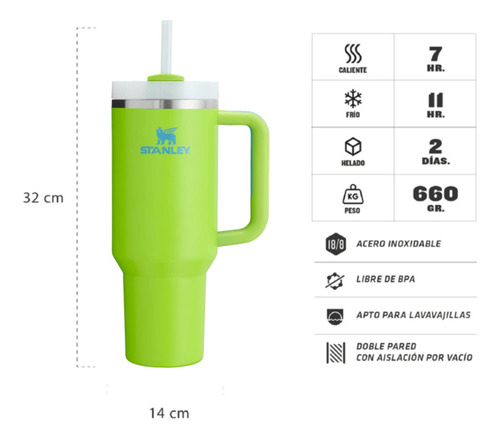 Vaso Quencher 1.18 Litros Vaso Térmico Bombilla Stanley Bright Lime