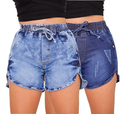 Kit 2 Shorts Cordinha Jeans Feminino El stico Cintura Alta