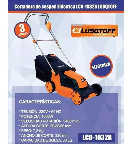 Imagen 2 de 3 de Maquina Cortar Cesped Electrica 320 Mm 1000w Lco1032b Moron