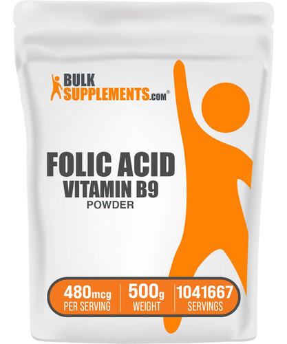 Polvo Ácido Fólico 800 Mcg Bulksupplements 500g Sin Gluten