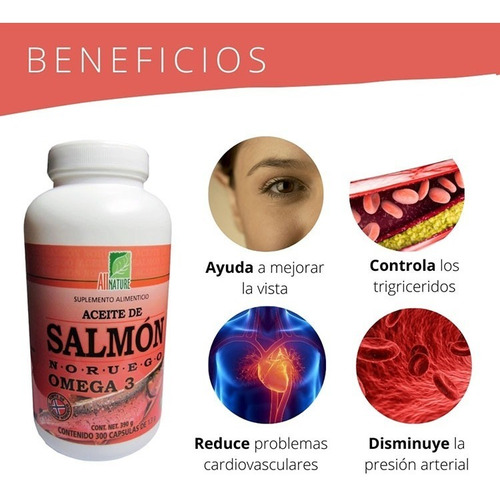 Imagen 4 de 4 de Aceite Del Salmon Noruego Omega 3 All Nature 300 Cápsulas