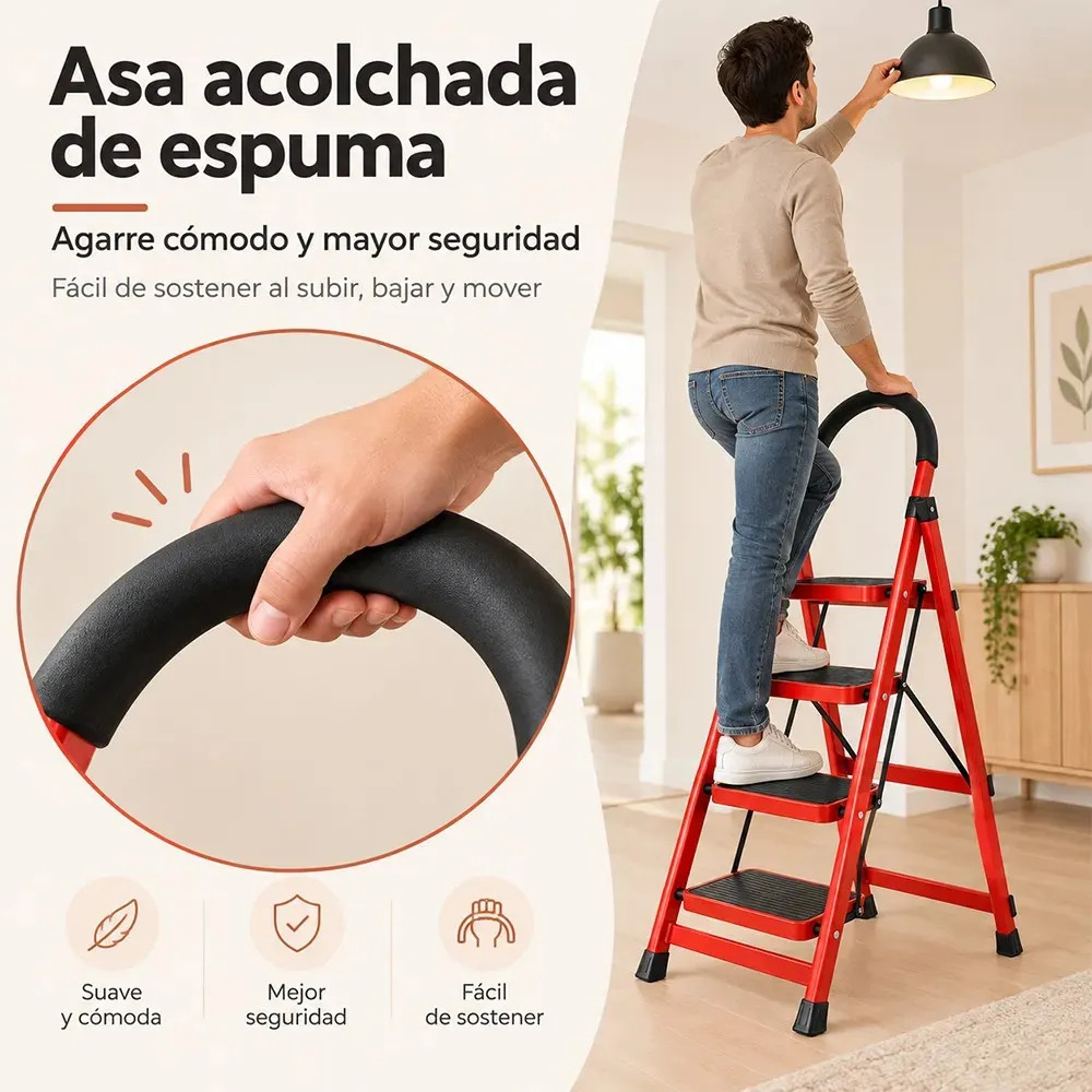 Escalera Tres Pasos Liviana, Plegable Y Antideslizante Color Rojo