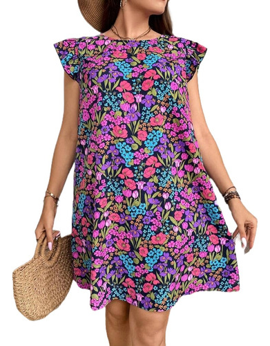 Vestido Floral Colorido Emery Rose Manga Mariposa Plus Size