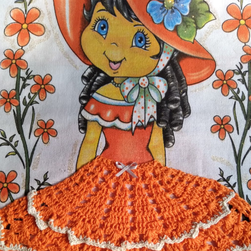 Pano De Prato Boneca Naty Com Saia De Crochê - Laranja