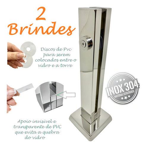 Coluna Torre Vidro 12mm Com 30 Cm Inox 304 Guarda Corpo