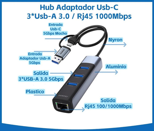 Hub Usb 3.0 Y Usb-c + Usb 3.0 X 3 + Rj45 Ethernet Gris