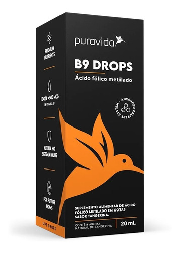 B9 Drops; Vitamina B9 Em Gotas 20ml - Puravida Sabor Tangerina
