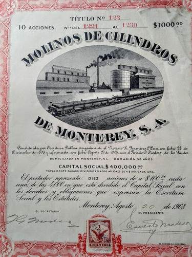 Accion/bono Compania Molinos De Cilindros De Monterrey 1908 