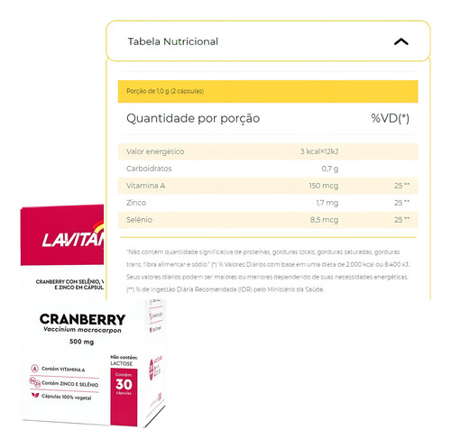 Complemento alimenticio Lavitan con arándanos rojos, 500 mg, 30 cápsulas, sabor sin sabor