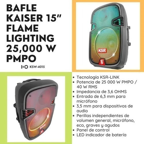 Imagen 4 de 6 de Bocina Bafle 15'' Recargable Kaiser Flama Ksr-link Ksw-4015