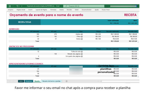 Planilha Excel Para Gestão De Eventos- Orçamento X Despesas