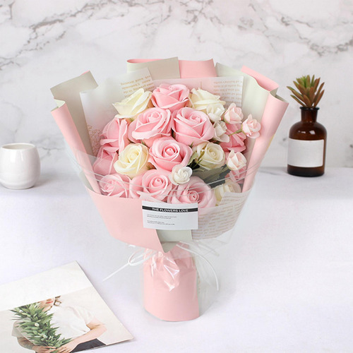 Caja De Flores De Jabón Con Ramo De Rosas, Rosa Claro