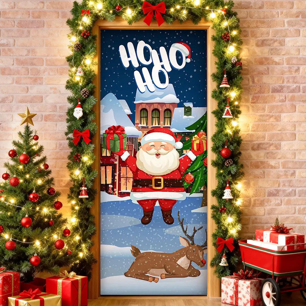 Capa de Porta Natal Papai Noel Sublimado para Decoração em Tecido 0,80x2,10m Veste Fácil