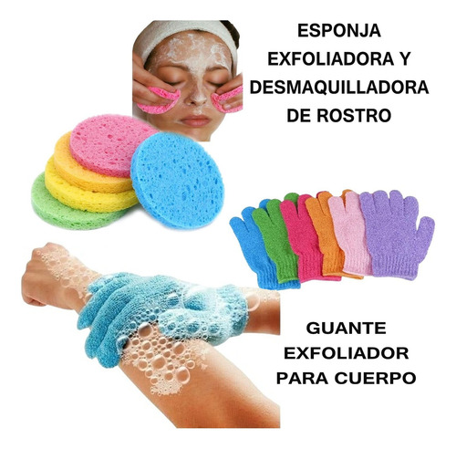 Set Guante Corporal + Esponja Facial Exfoliante Piel Suave