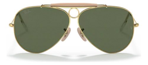 Óculos de sol Ray-Ban Aviator Shooter Havana Collection 58, design Padrão, cor polido ouro armação de metal cor polished gold, lente green de cristal clássica, haste polished gold de metal - RB3138