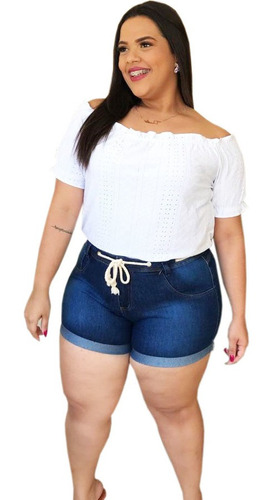Short Jeans Plus Size Feminino Curto Com Lycra Cadarço R439