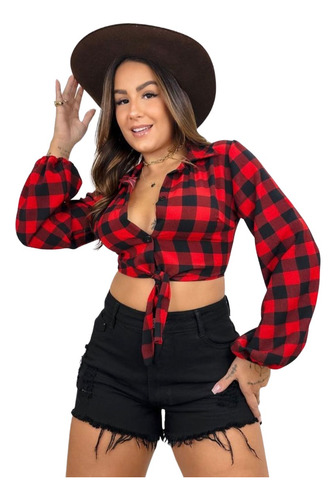 Cropped Xadrez Festa Junina Julina Preto E Vermelho