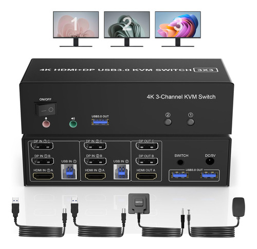 Conmutador Kvm Hdmi + 2 Displayport Usb 3.0, Monitor Triple.