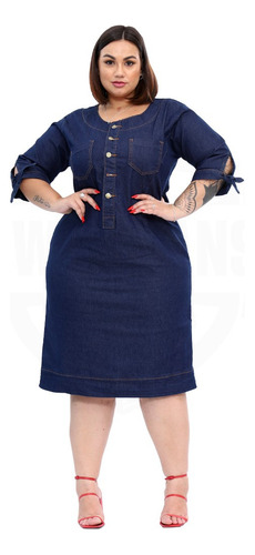 Vestido Midi Jeans Plus Size Manga Curta Laço No Braço 