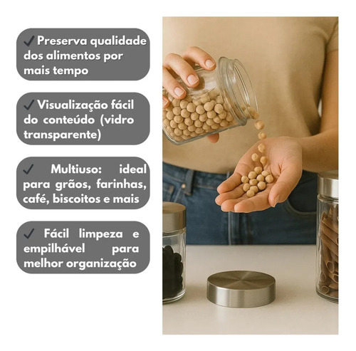 Kit 3 Potes De Vidro Com Tampa Inox Alimentos Mantimentos